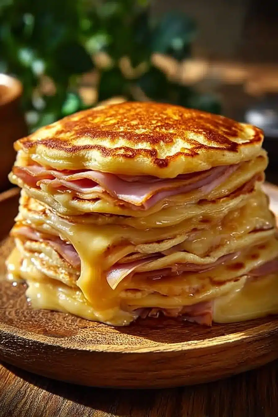 Pancakes salés dinde fumée et fromage, un plat délicieux et rapide à préparer.
