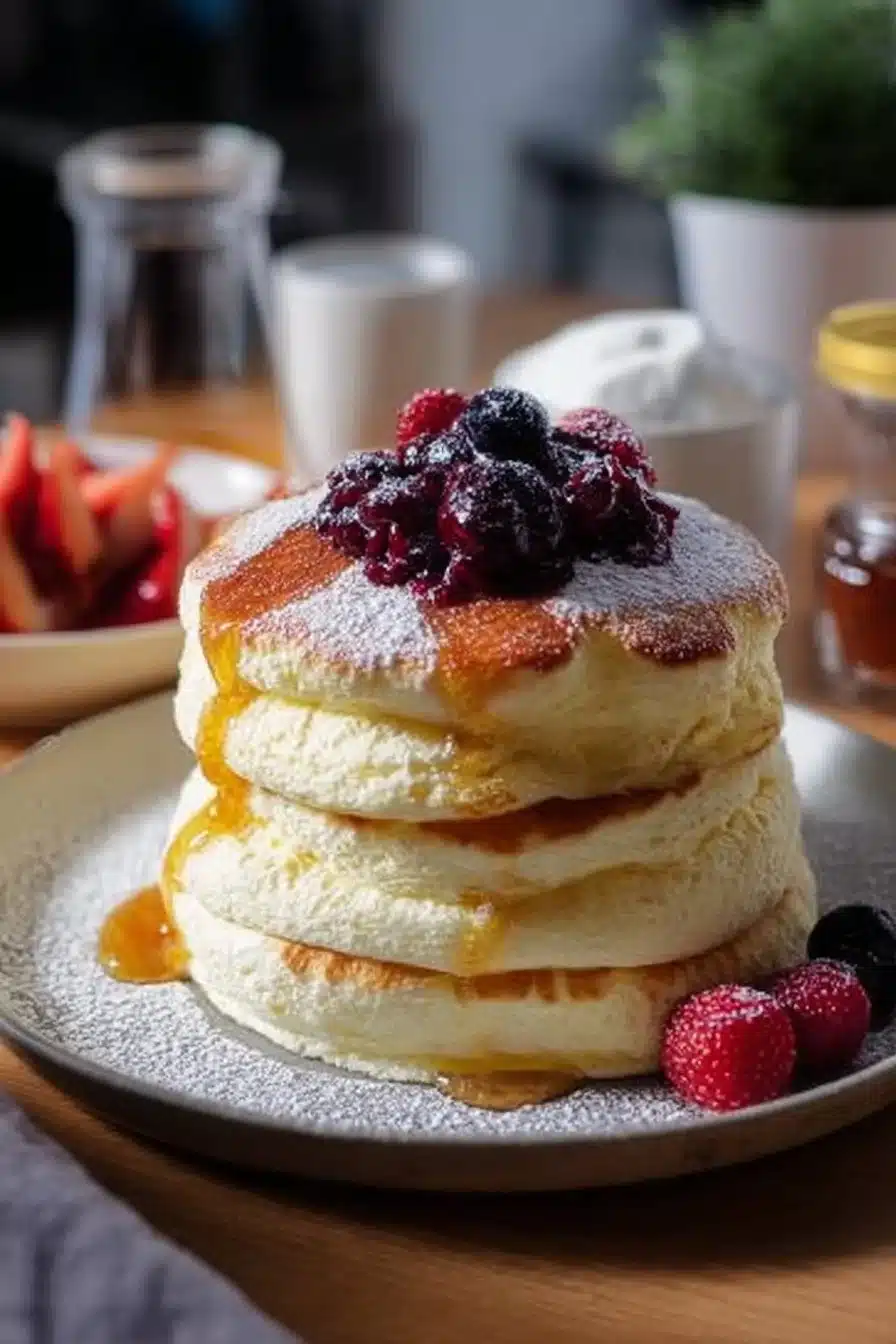 Pancakes soufflés japonais moelleux dorés sur une assiette