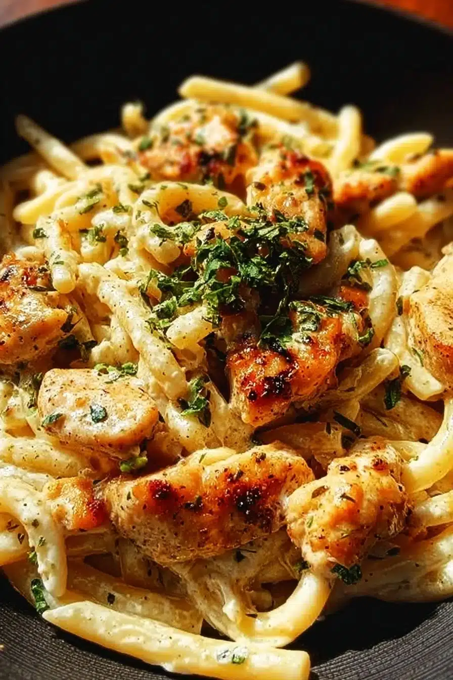 Plat savoureux de pâtes au poulet 'Marry Me' dans une sauce crémeuse.