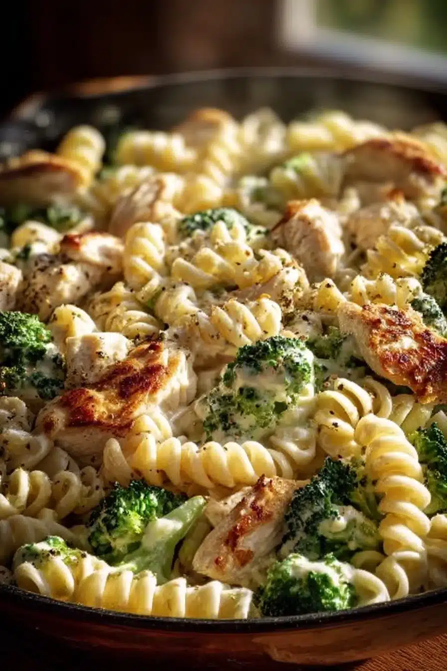 Pâtes crémeuses au poulet rôti et brocoli dans une sauce onctueuse