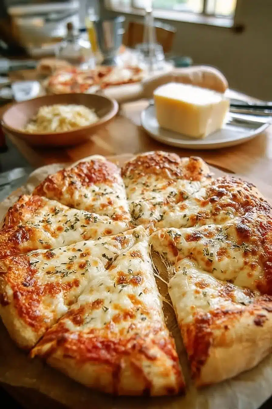 Pizza aux quatre fromages, délicieuse et gourmande, garnie de plusieurs variétés de fromage.