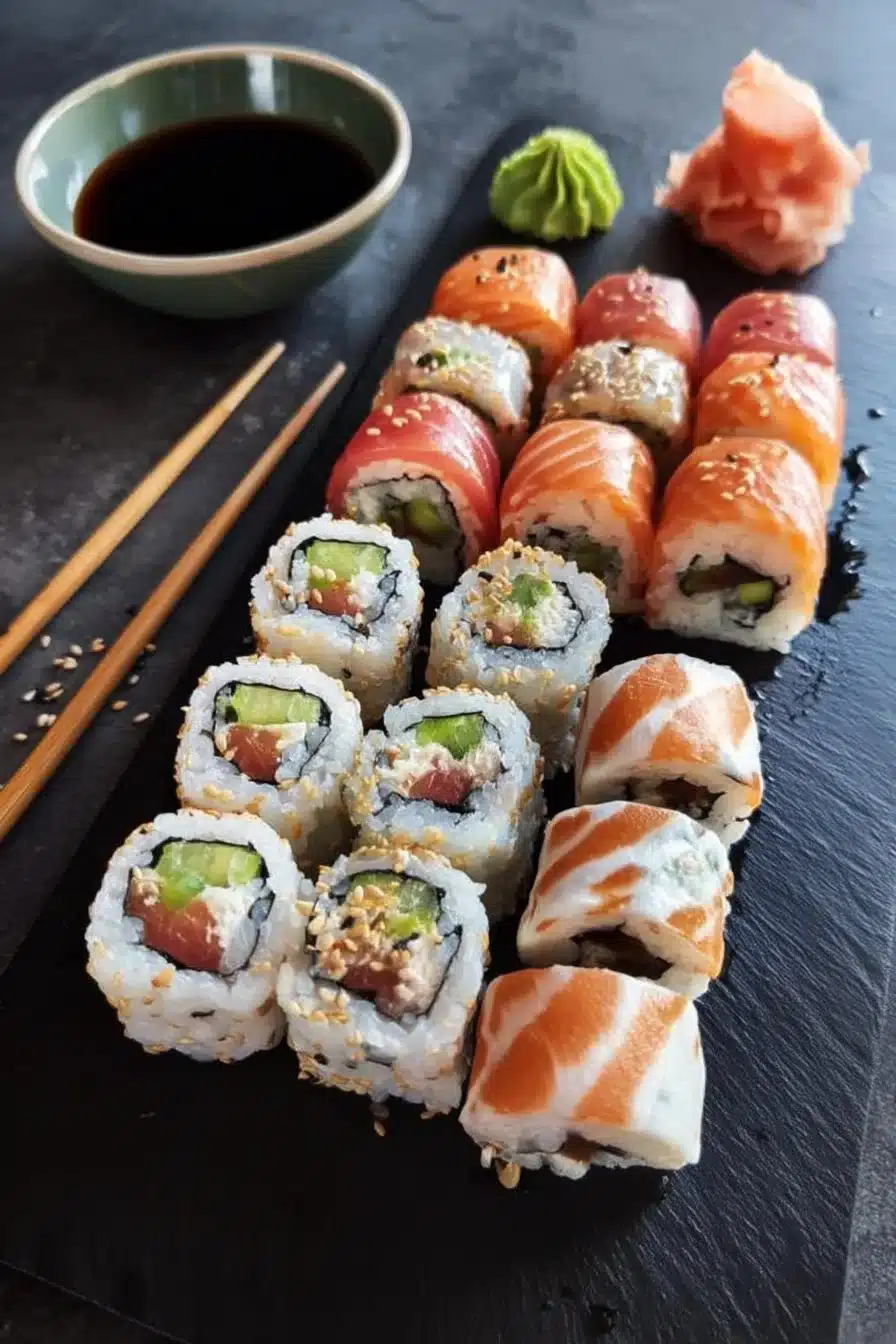 Plateau sushi élégant avec des rouleaux artistiquement présentés et des accompagnements raffinés.