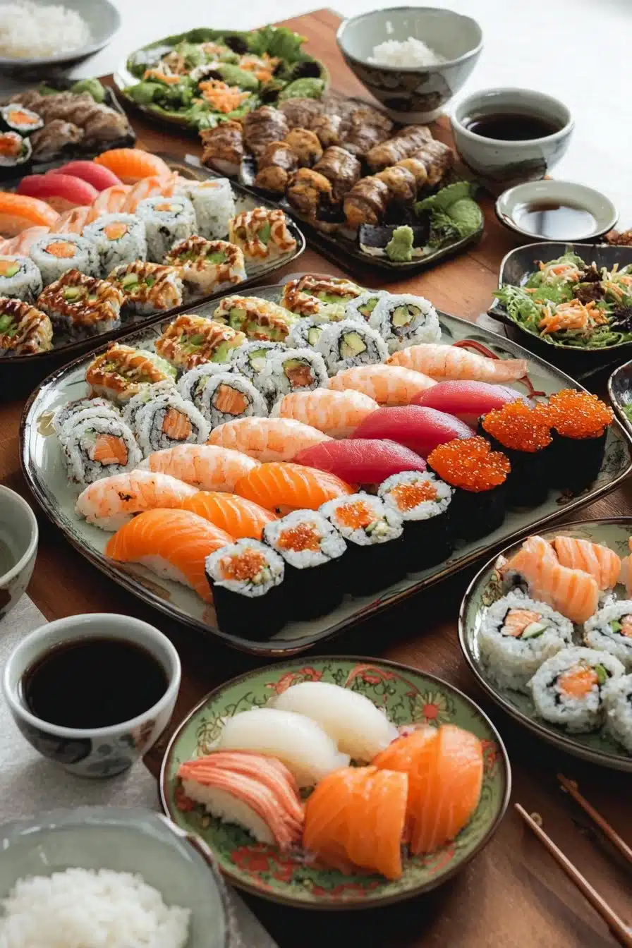 Plateau de sushi raffiné avec divers assortiments de sashimi et maki.