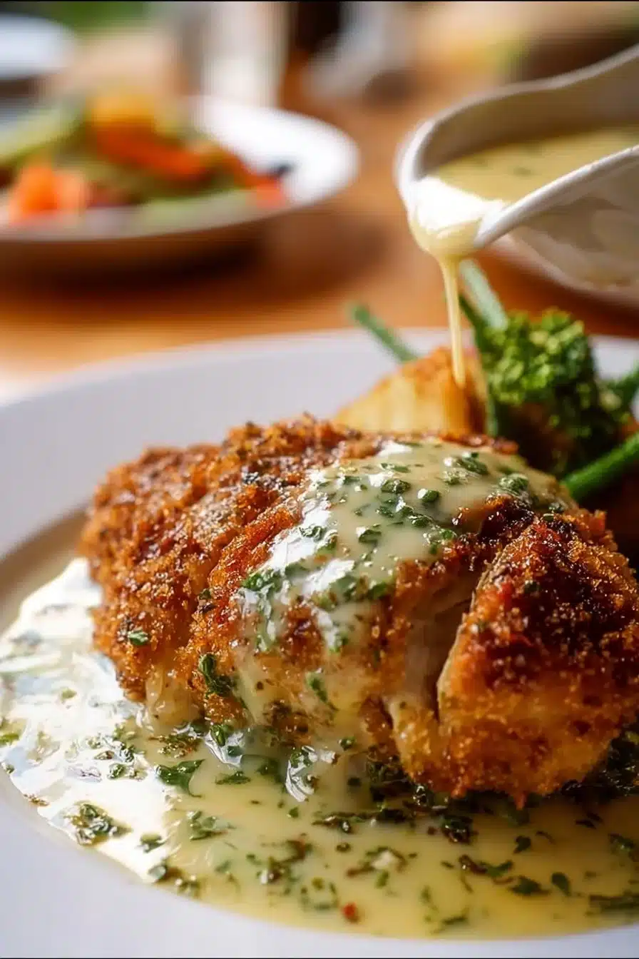 Poulet en Croûte de Parmesan accompagné de sauce à l’ail