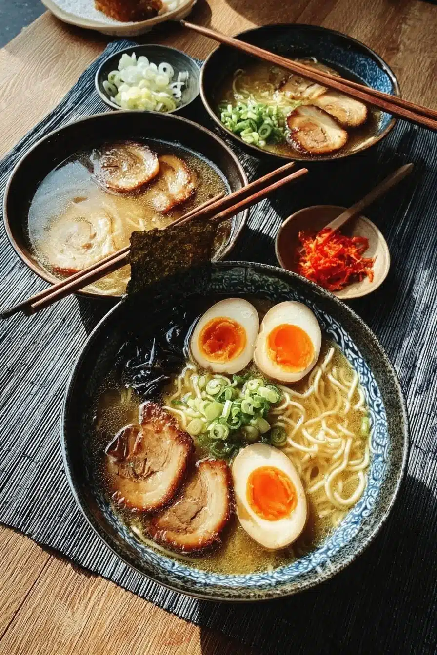 Bol de Ramen Tonkotsu garni de viande tendre et d'ingrédients frais.