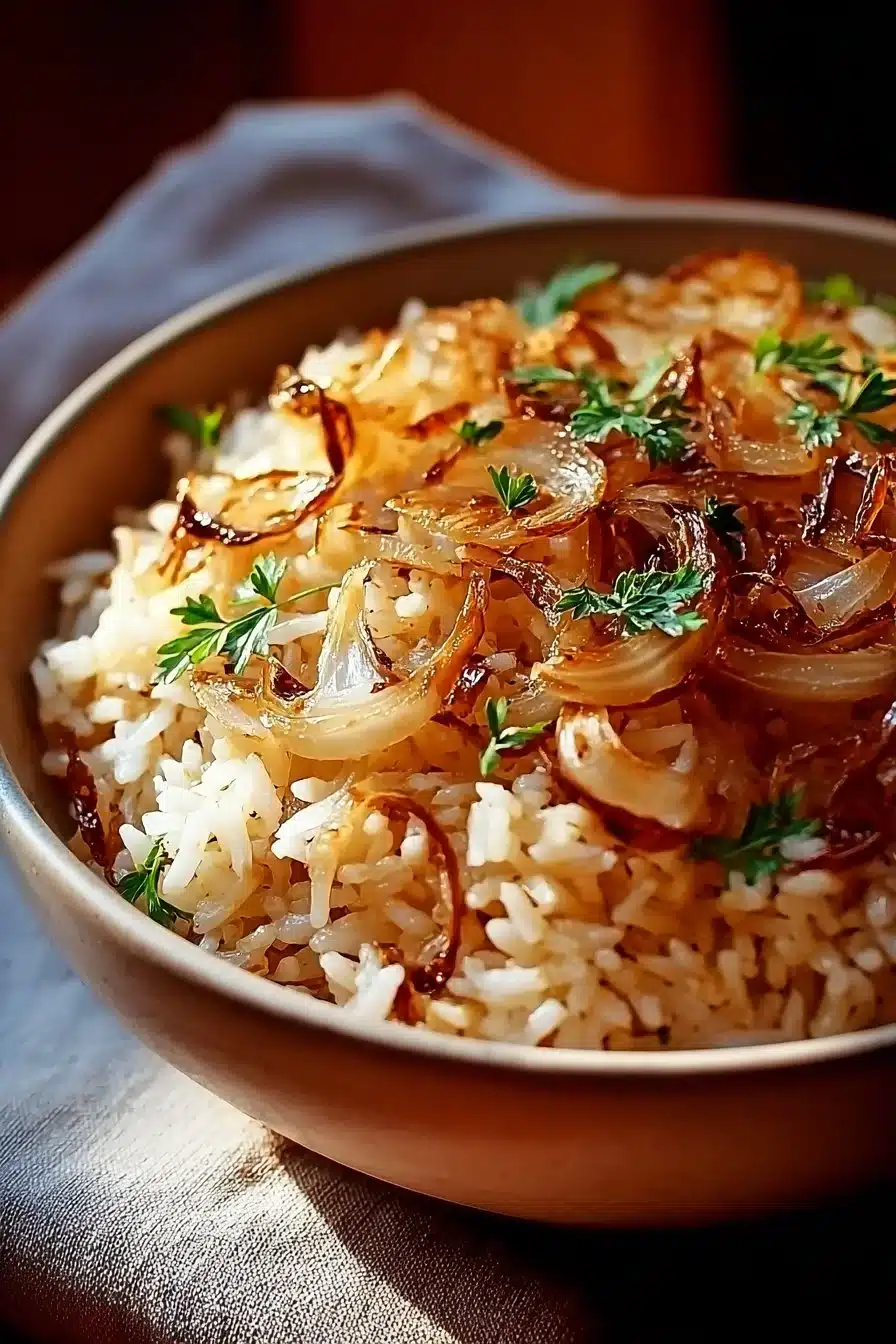 Plat de riz à l'oignon à la française garni de ciboulette