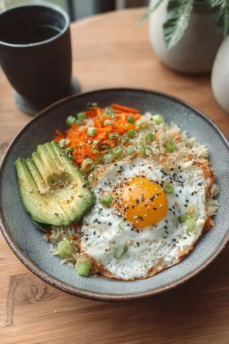 Riz sauté à l'ail et carotte avec avocat et œuf dans une assiette colorée