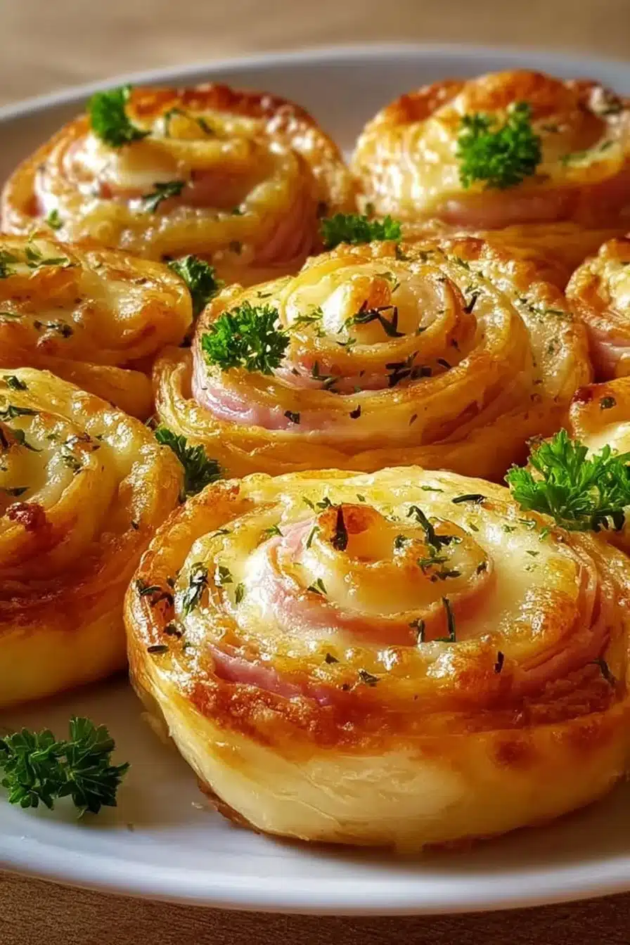 Roulés feuilletés au jambon et fromage sur un plat élégant