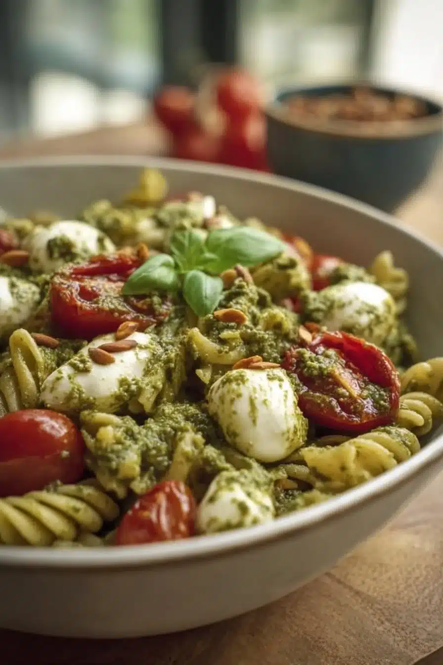 Salade de pâtes au pesto et mozzarella, plat frais et appétissant.