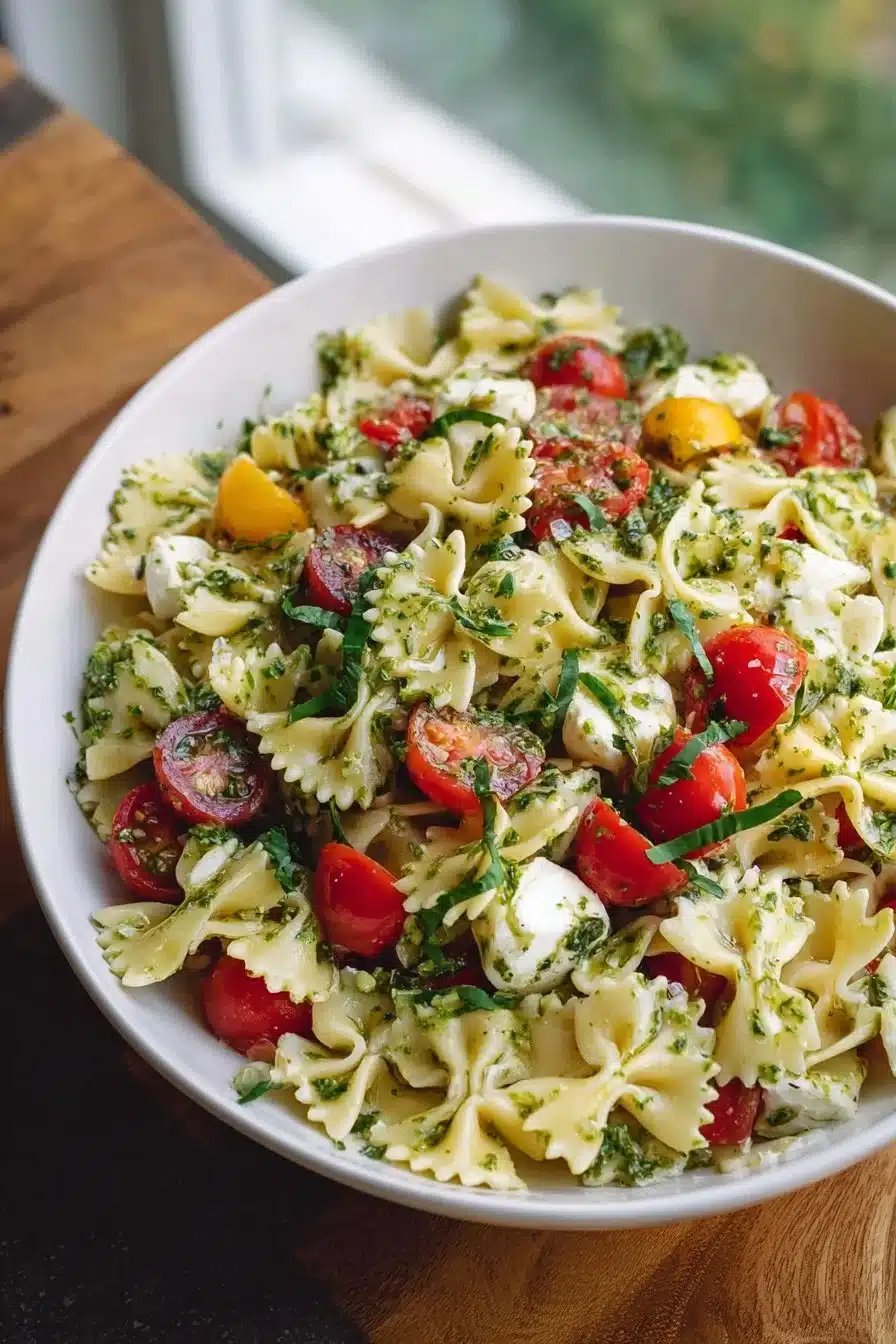 Salade de pâtes colorée avec légumes frais et vinaigrette