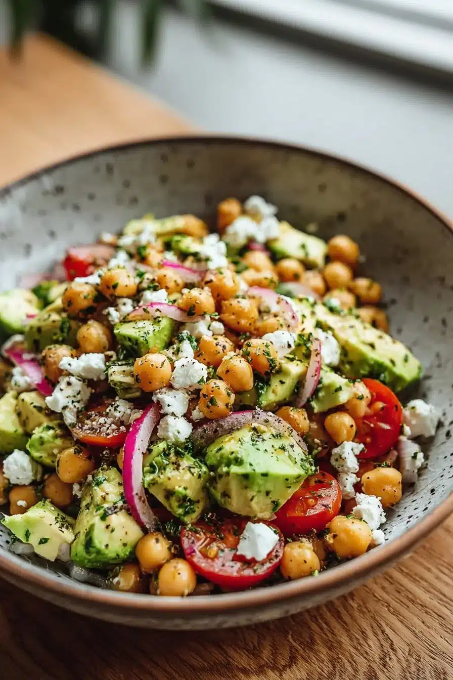 Salade pois chiches avec feta et avocat, un plat frais et nutritif