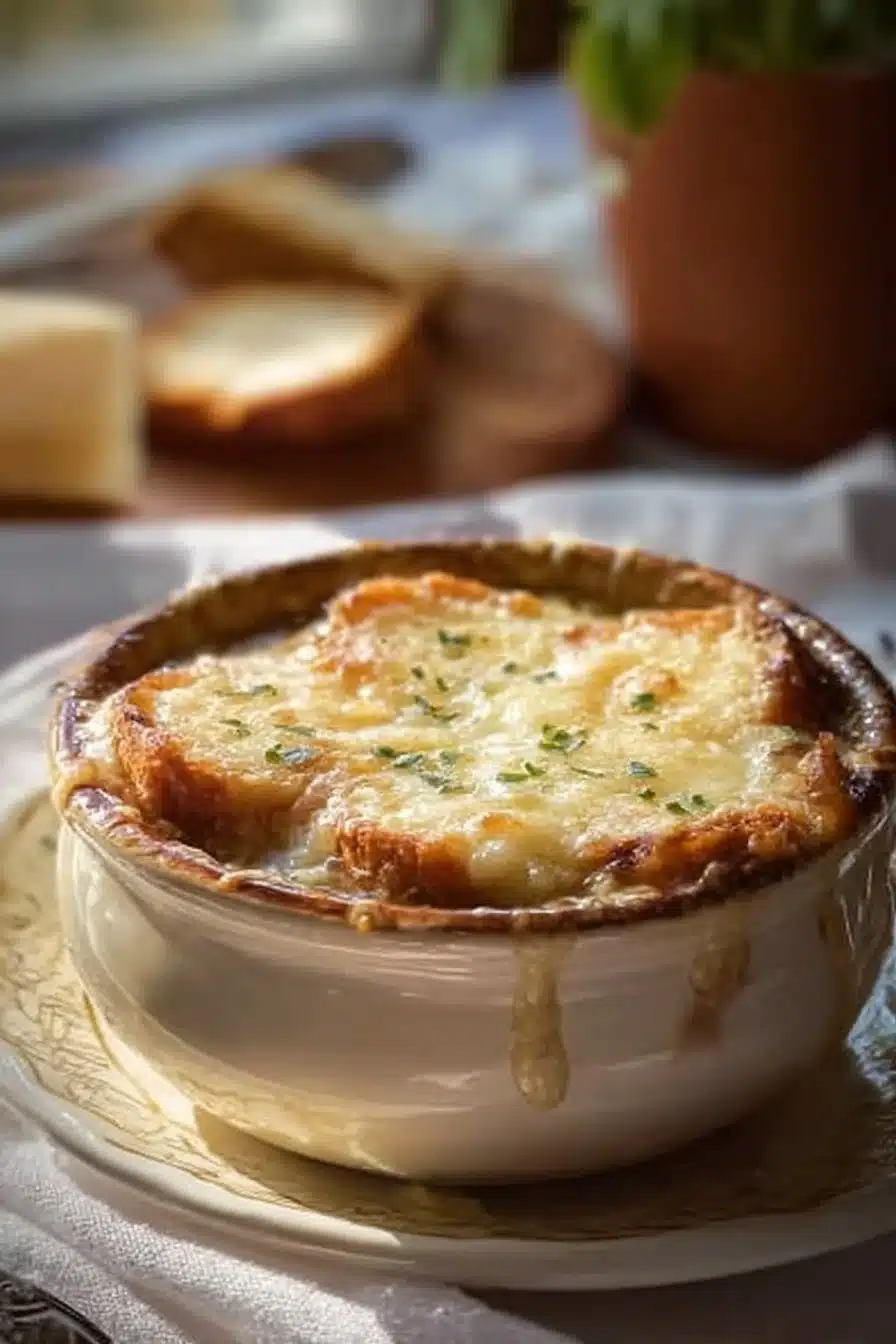 Soupe à l'oignon gratinée servie dans un bol avec fromage fondu sur le dessus.
