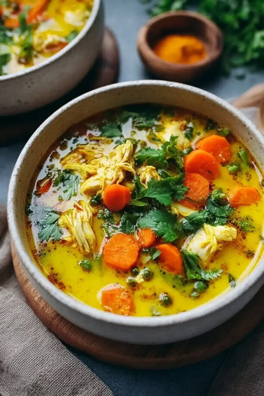Soupe de Poulet au Curcuma servie dans un bol, garnie d'herbes fraîches.