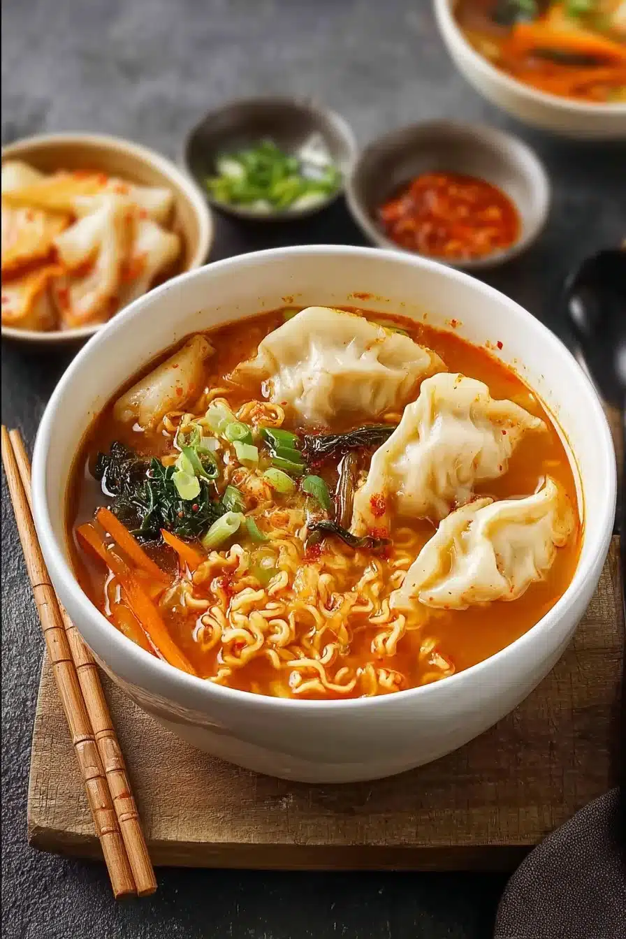 Soupe nouilles au kimchi avec des dumplings savoureux et épicés