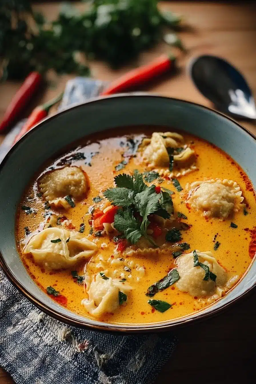 Soupe thaï avec curry raviolis coco délicieuse et réconfortante