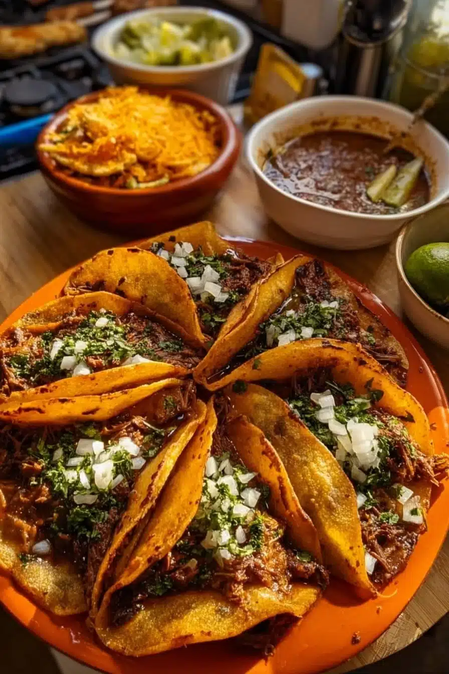 Tacos Birria savoureux avec bœuf mijoté et sauce épicée