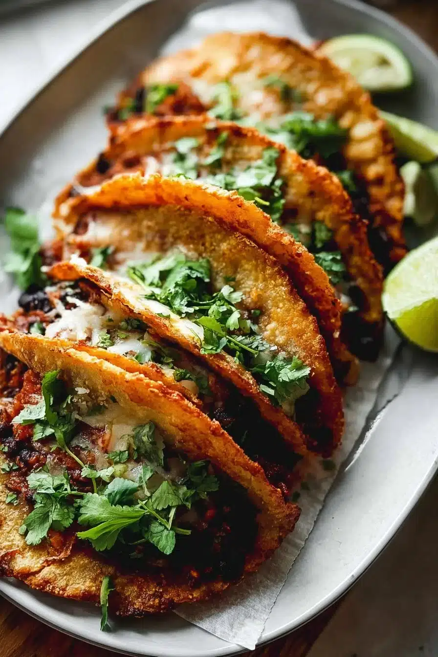 Tacos de haricots noirs croquants, garnis de légumes frais et de sauces