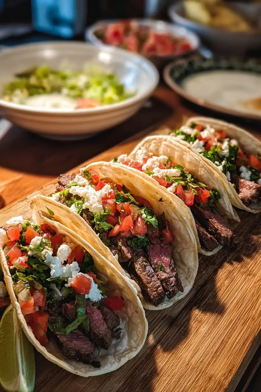 Tacos de steak savoureux garnis de salsa et de coriandre fraîche