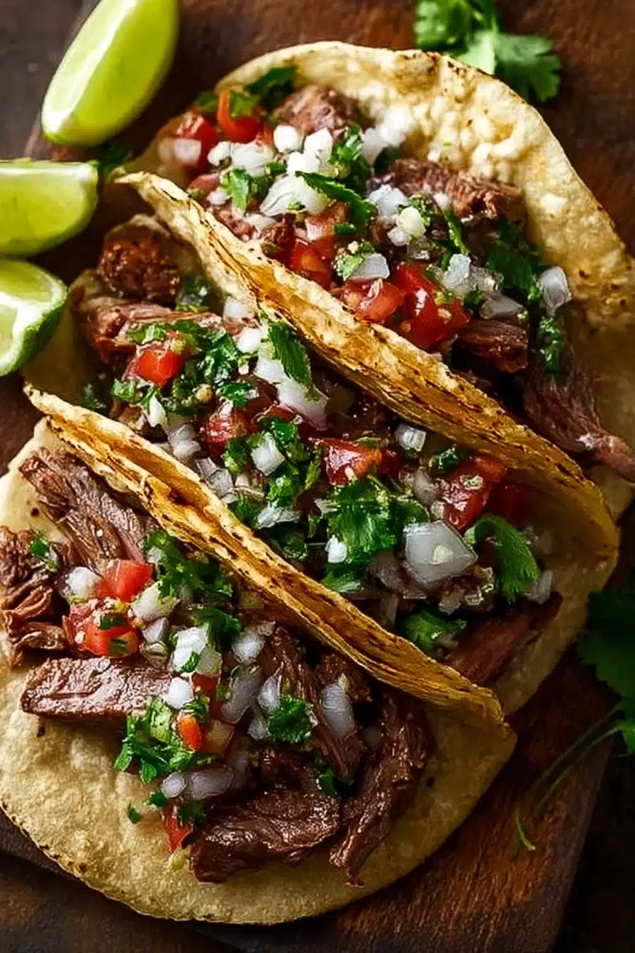 Tacos de viande de bœuf grillée garnis de salsa et légumes frais
