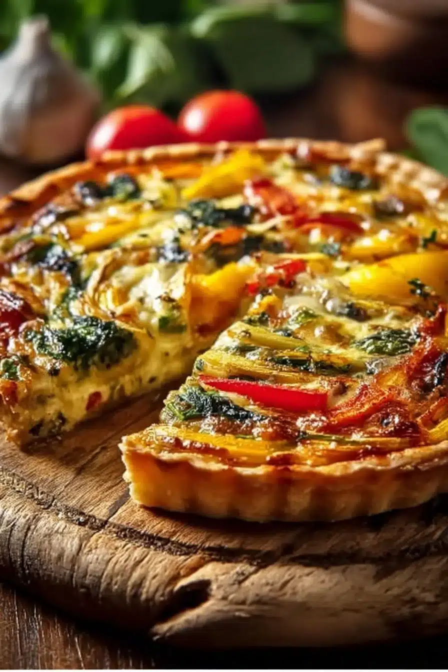 Tarte aux légumes colorée et appétissante sur une table en bois