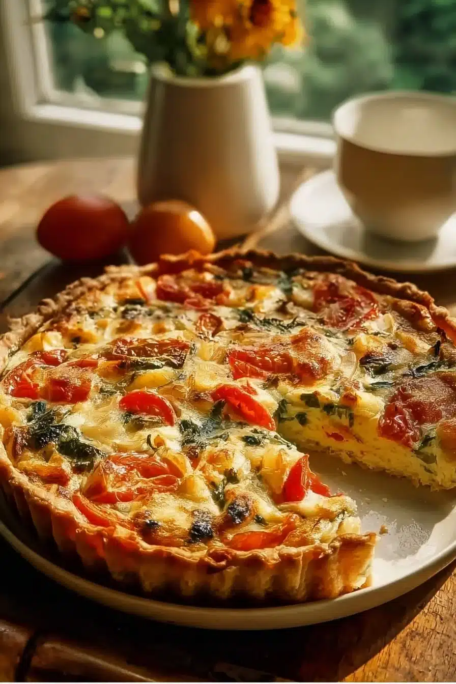 Tarte aux légumes colorée avec une croûte dorée et des légumes frais.