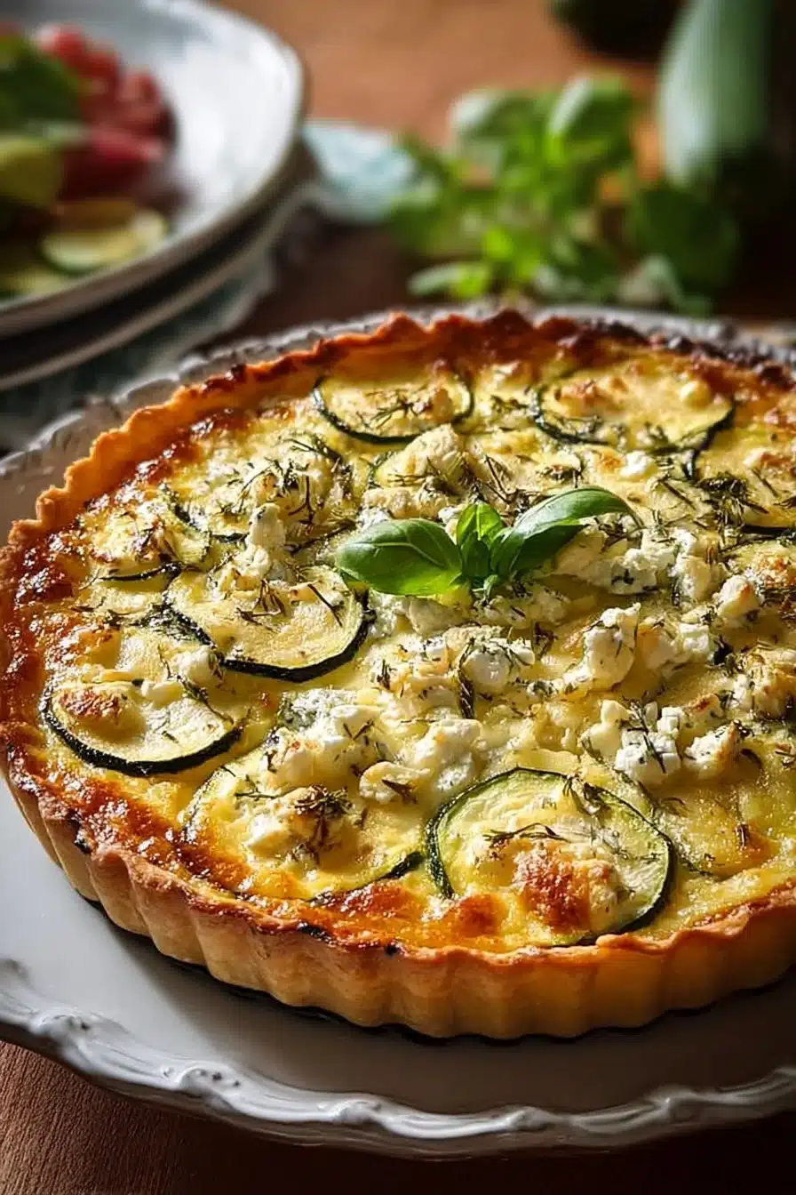 Tarte courgette feta fraîchement cuite, prête à être servie
