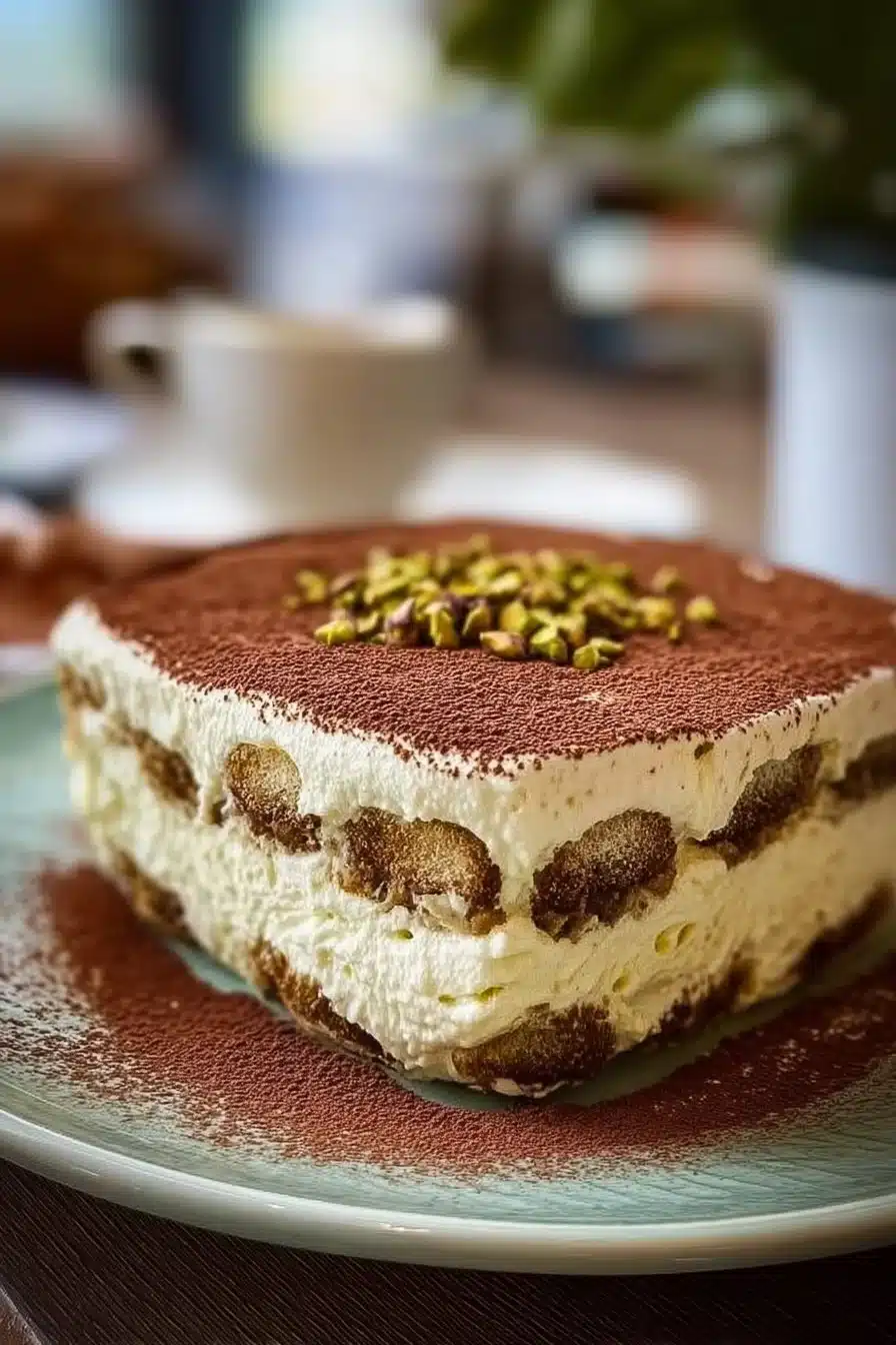 Tiramisu pistache céleste délicieusement présenté avec des pistaches sur le dessus.