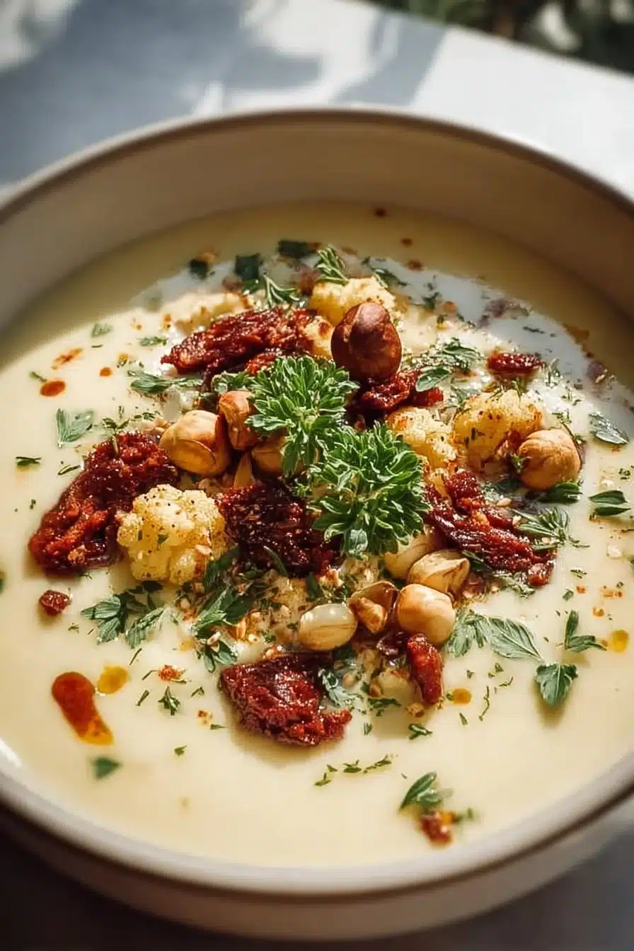 Velouté de chou-fleur au poulet et noisettes torréfiées dans un bol.