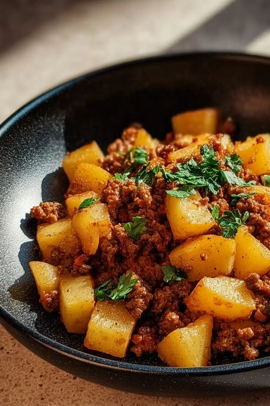 Plat de viande hachée garnie de pommes de terre croustillantes