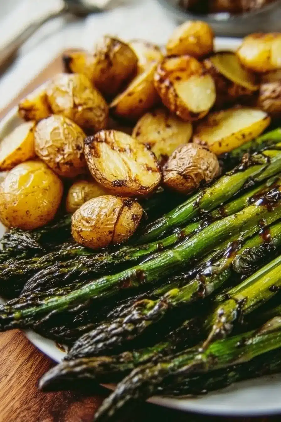 Asperges et pommes de terre rôties au vinaigre balsamique sur une assiette