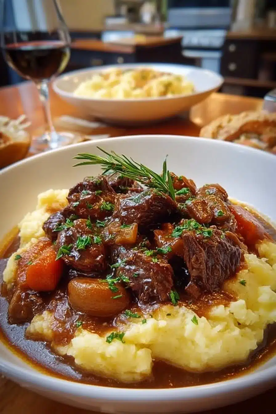 Plat de Bœuf Bourguignon Traditionnel servi dans un bol en céramique