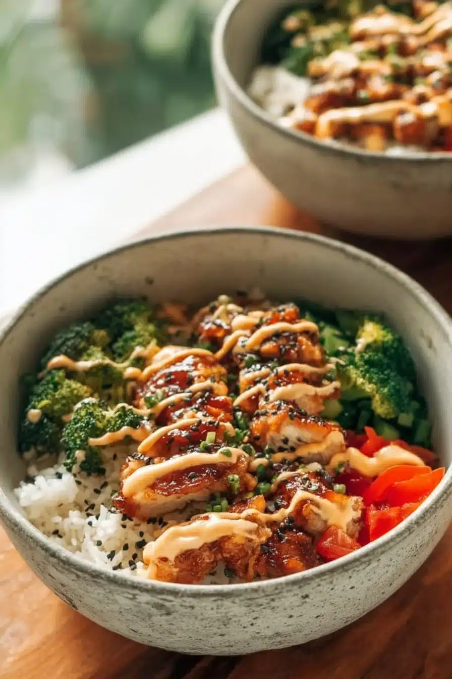 Bol de poulet collant sain avec légumes frais et sauce savoureuse