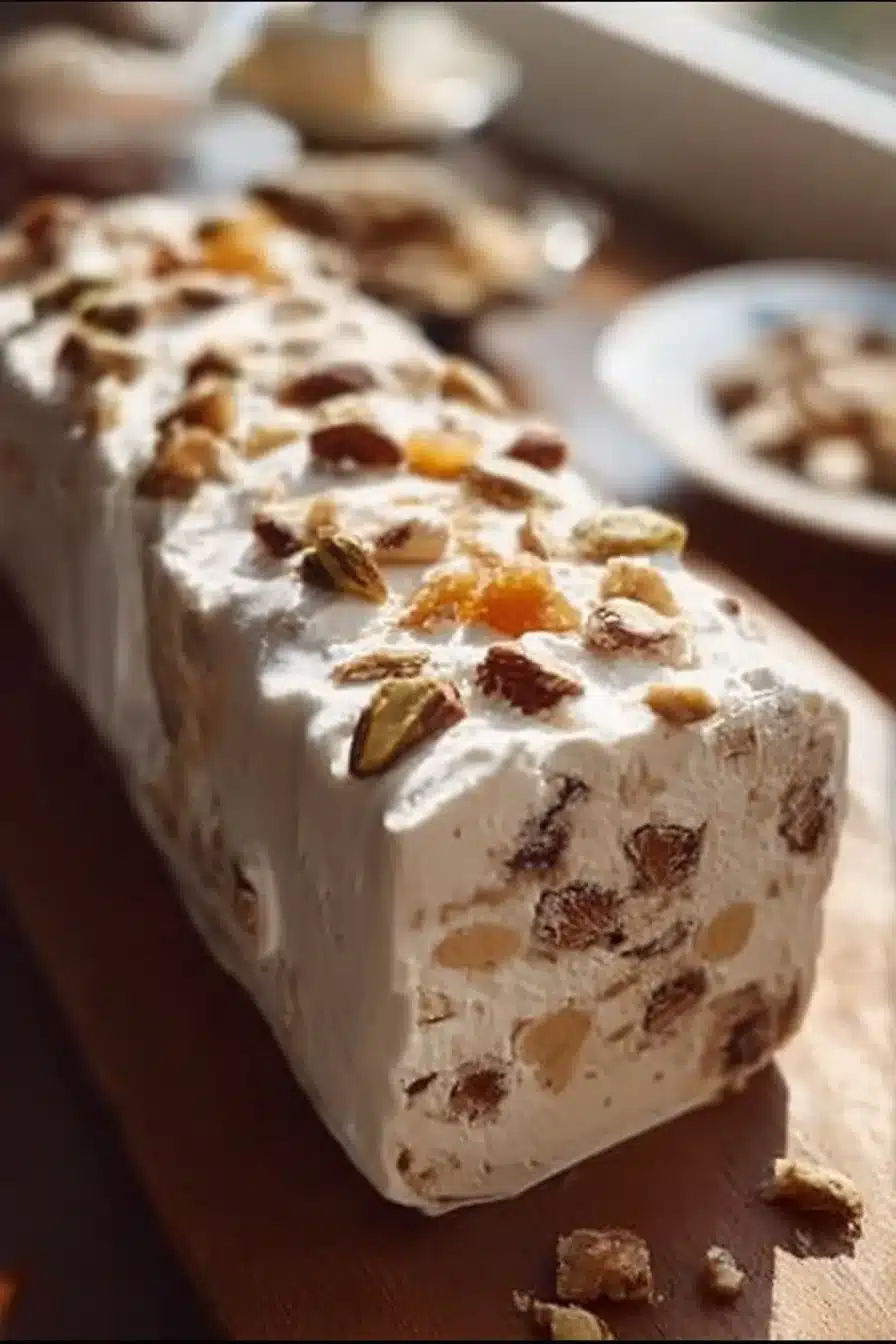 Bûche Nougat Glacé Maison garnie de saveurs délicates et crémeuses.