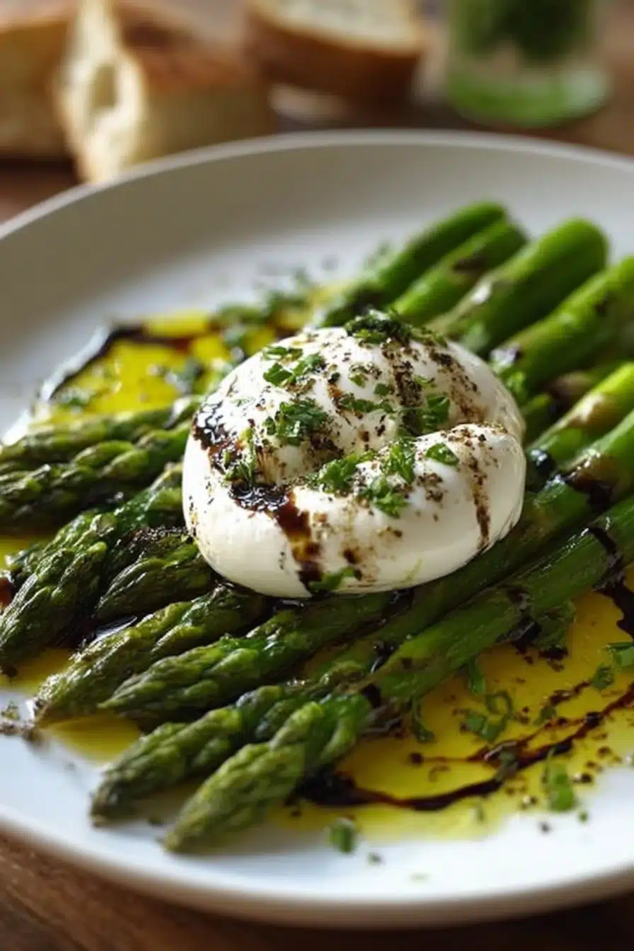 Burrata crémeuse servie avec des asperges grésillées