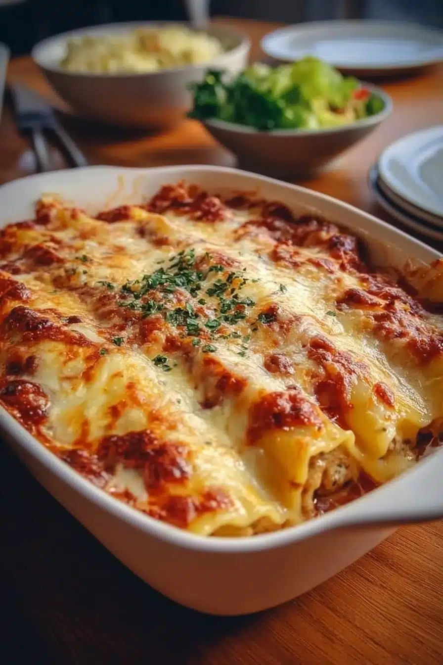 Plateau de cannelloni au bœuf fondant garnis de sauce tomate et fromage
