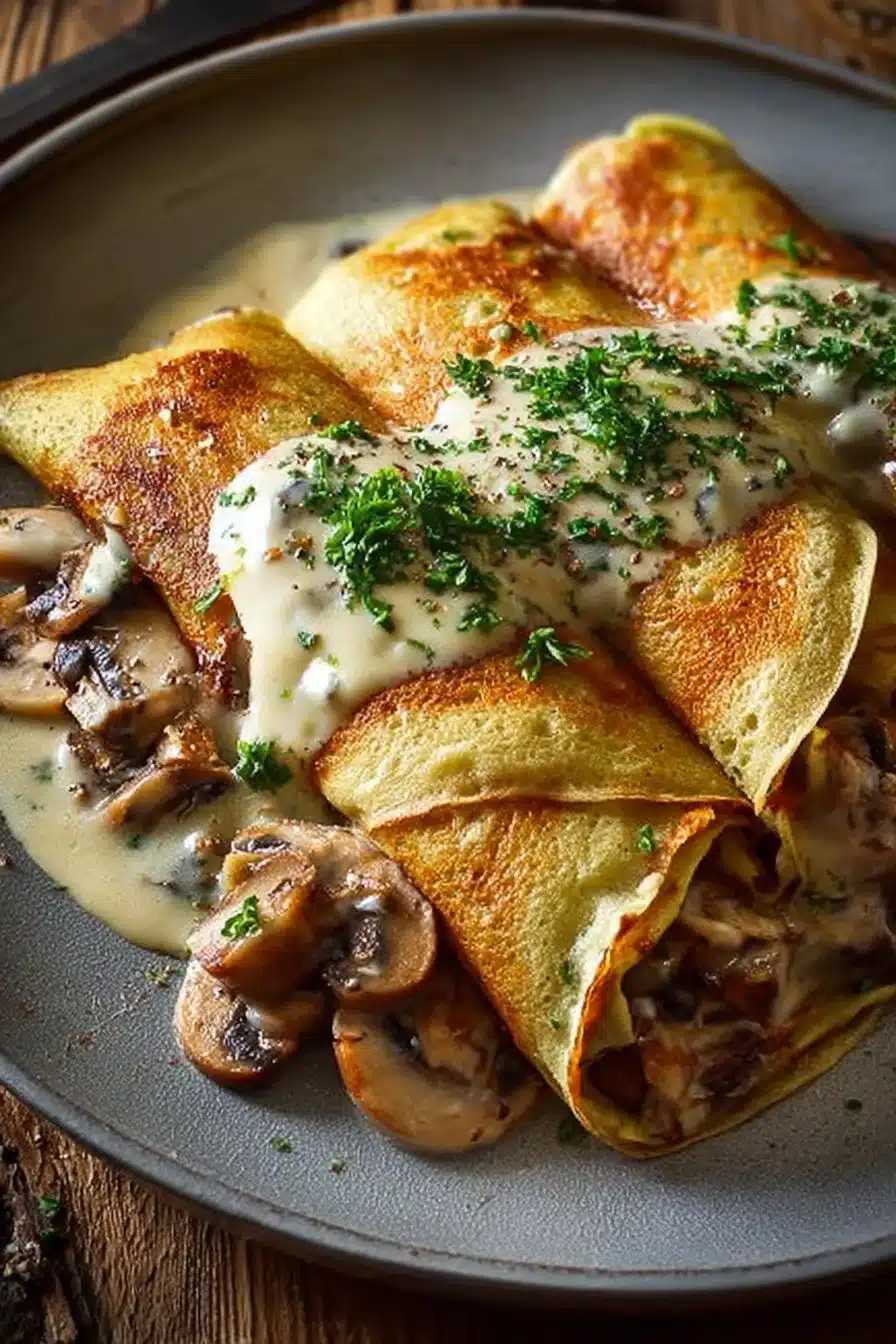 Crêpes roulées au poulet et champignons avec béchamel, plat réconfortant fait maison.