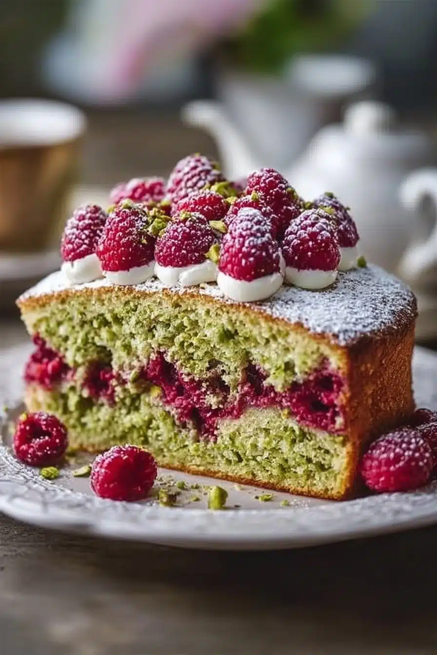 Gâteau à la pistache et framboises, délicieuse pâtisserie gourmande.