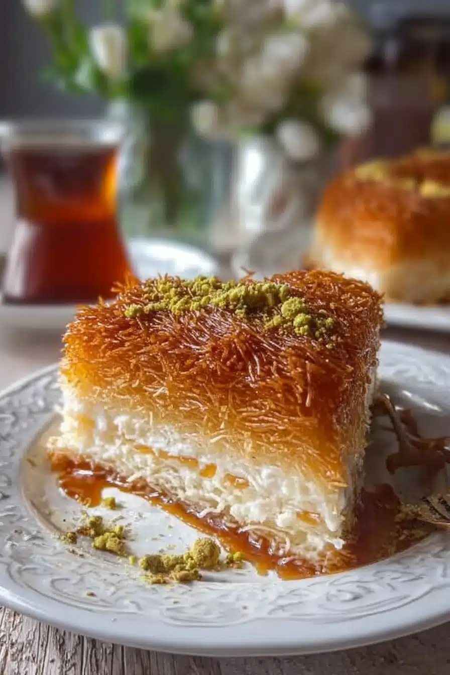Gâteau Kunafa traditionnel garni de crème et de pistaches sur un plat