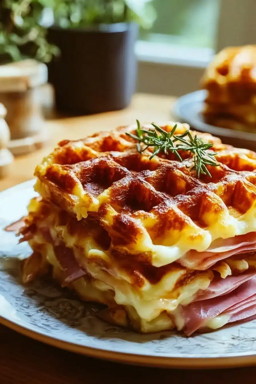 Gaufres salées croustillantes au jambon et fromage, prêtes à déguster