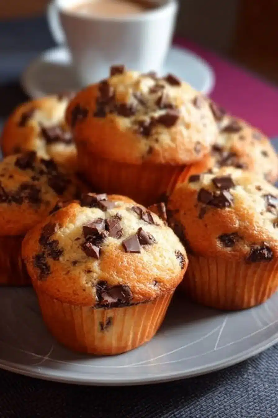 Muffins au chocolat avec des pépites fondantes sur une table en bois