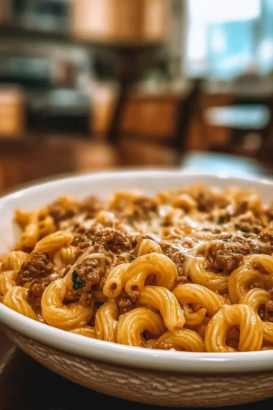 Pasta crémeuse au bœuf, un plat délicieux et réconfortant sur une assiette.