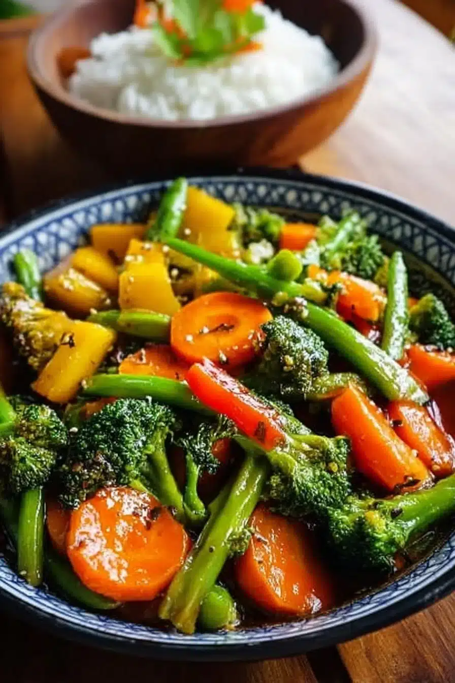 Poêlée de légumes colorée et savoureuse prête à être servie.