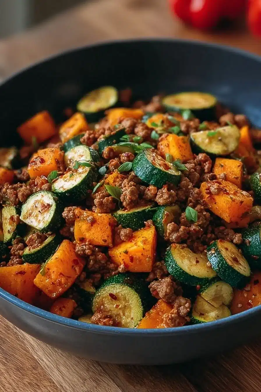 Poêlée de patate douce, courgette et bœuf dans une poêle