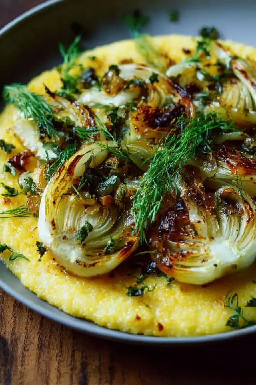 Polenta aux herbes accompagnée de fenouil caramélisé