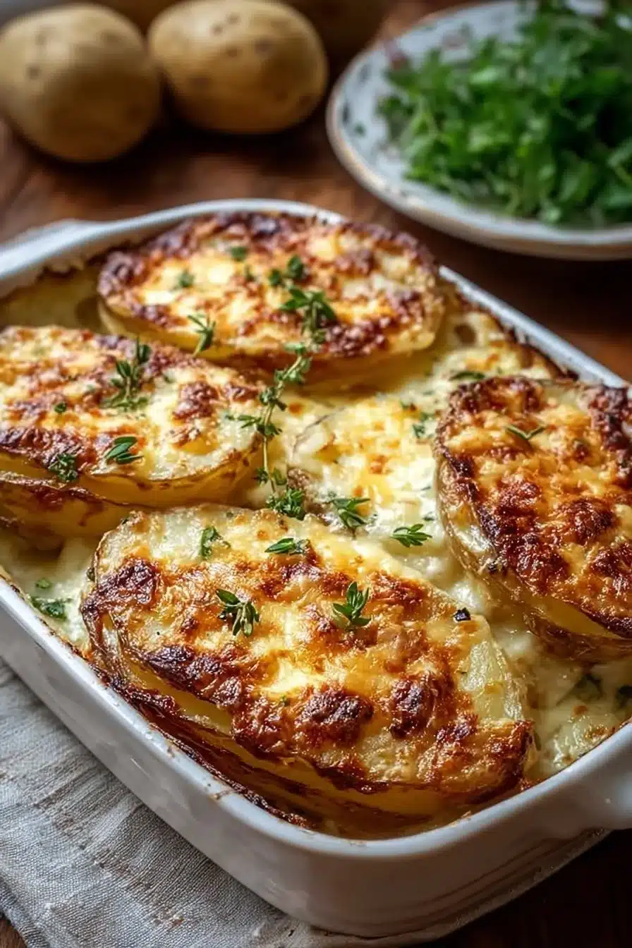 Pommes de Terre Gratinées au Fromage dans un plat