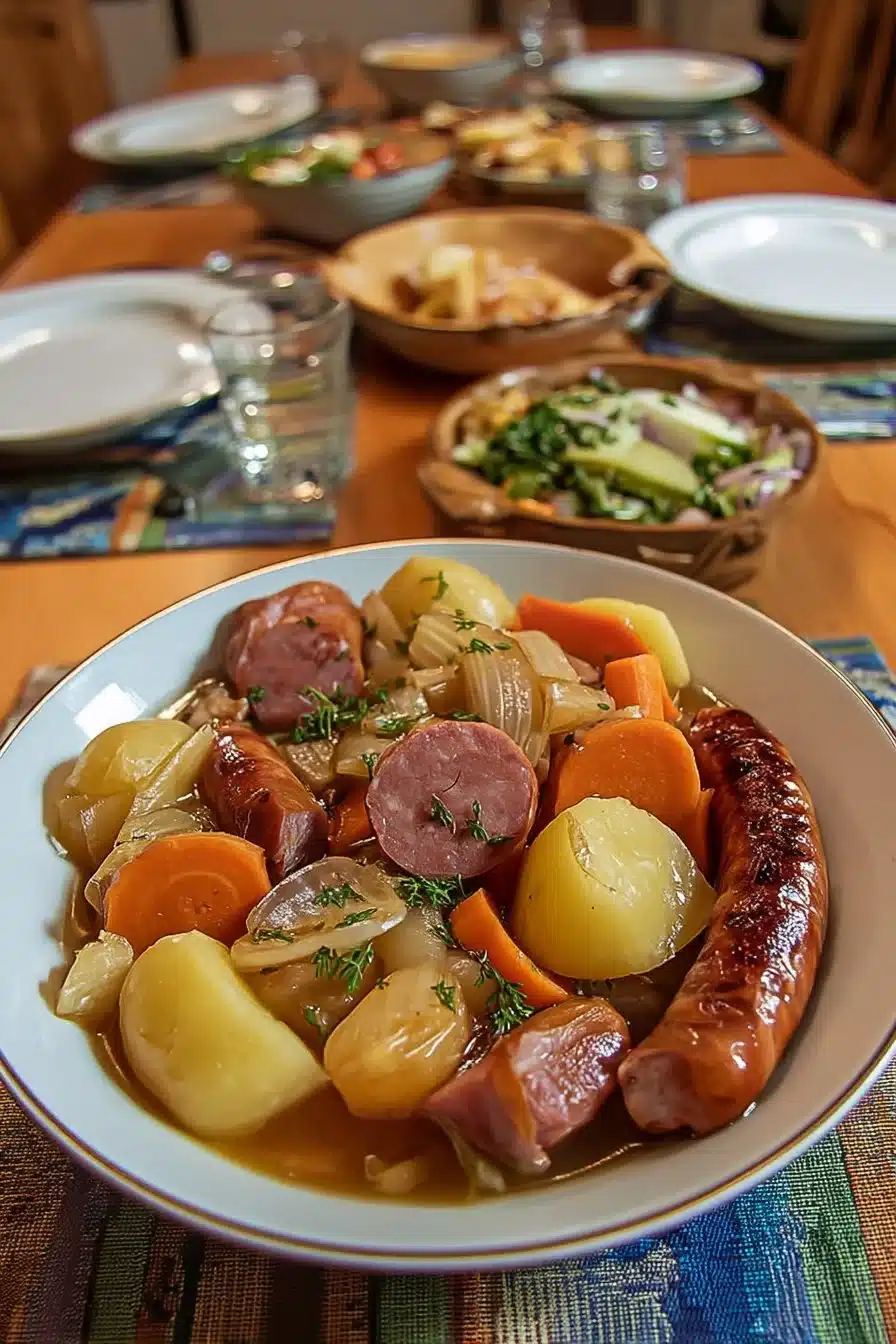 Potée traditionnelle aux saucisses fumées, plat savoureux et réconfortant.