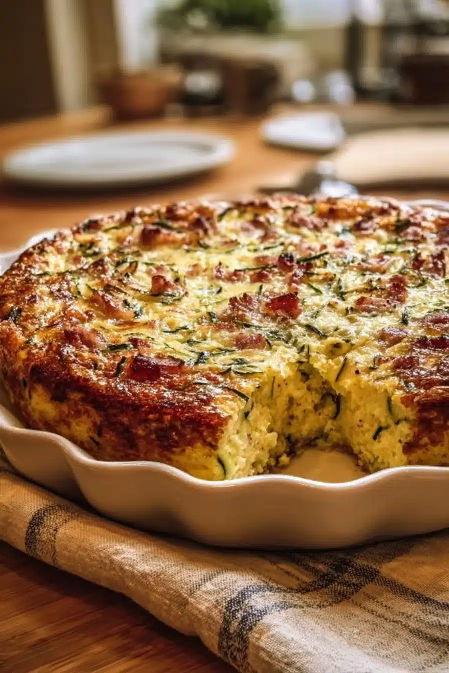 Quiche courgette et lardons sans pâte, plat savoureux et léger.