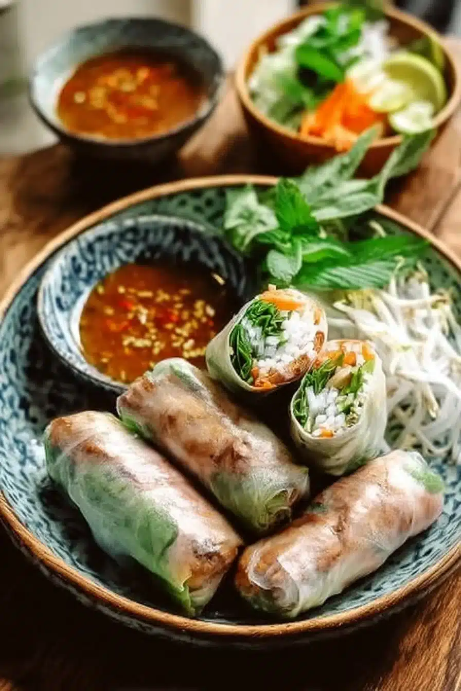 Rouleaux de printemps vietnamiens au poulet prêts à être dégustés.