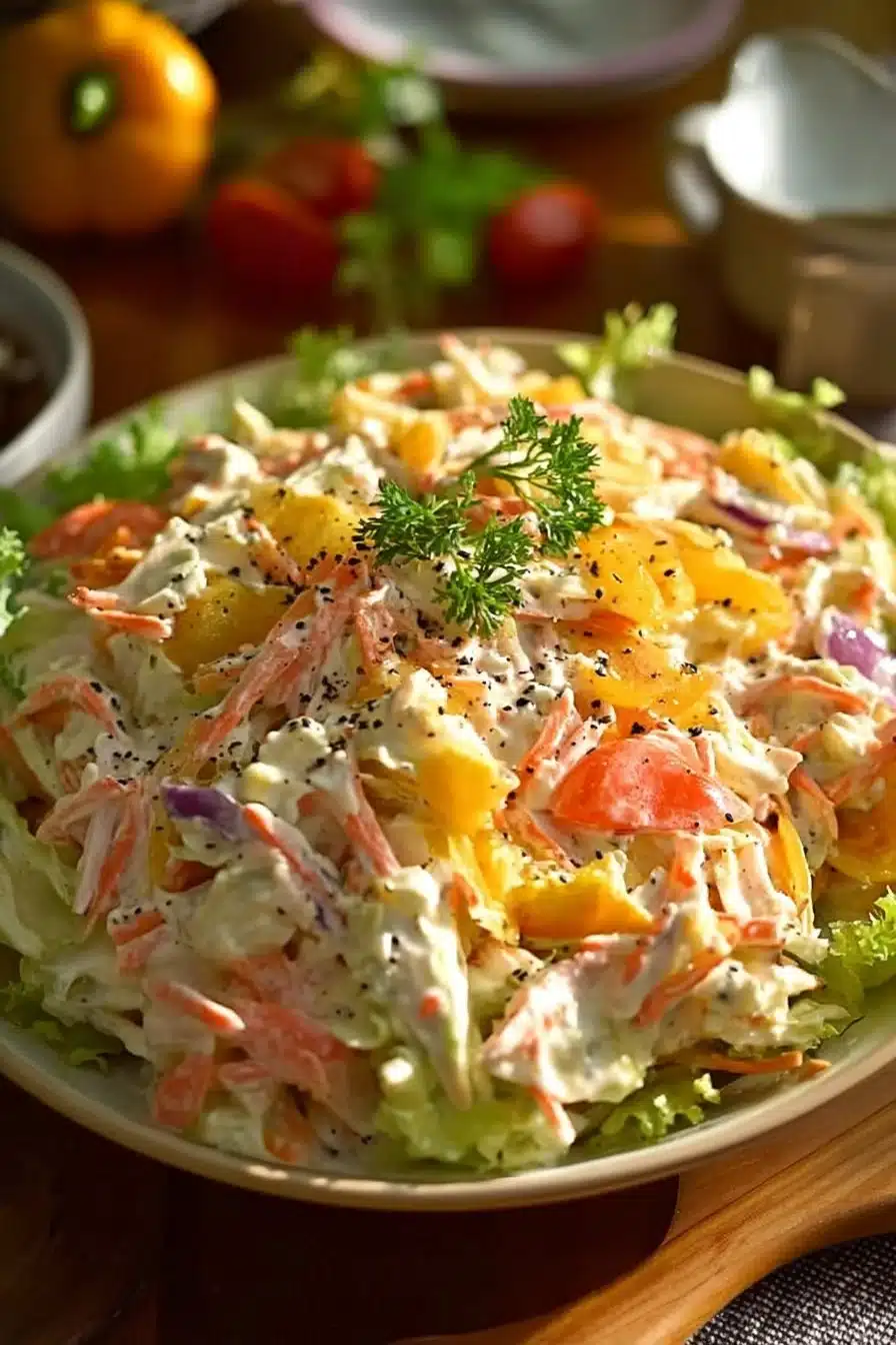 Salade crabe crémeuse servie dans un bol, garnie d'herbes fraîches.