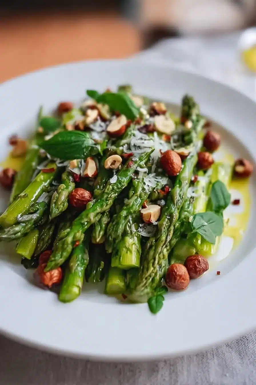 Salade d'asperges vertes avec noisettes et basilic dans un bol.